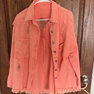 Coral Distressed Denim Jacket